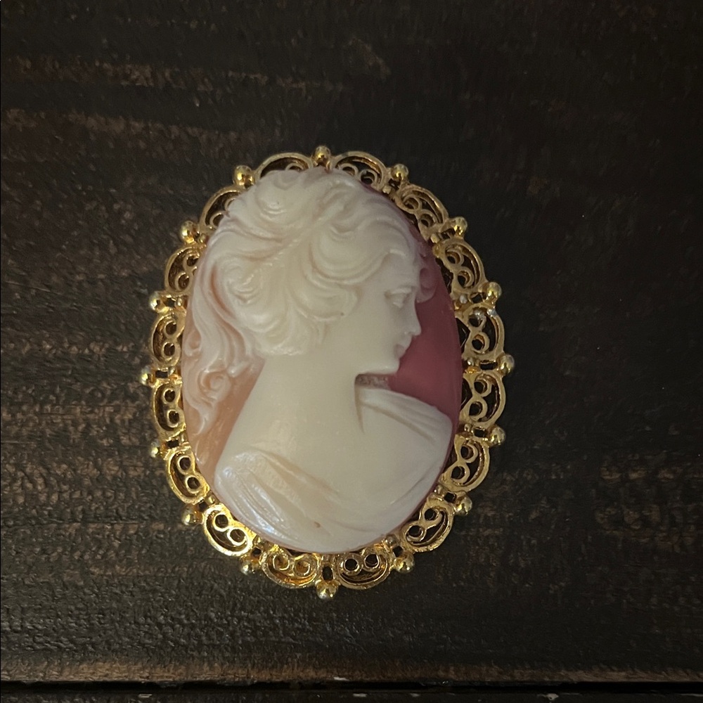 Gold-Tone Pink Cameo Brooch with White Relief - Women's Jewelry
